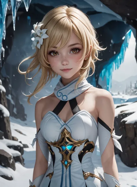 slim figure, <lora:lumine1-000008:1.0>, luminedef, blonde, <lora:lit:0.2>, bangs over the eyes, large eyes, looking at viewer, short hair, slight smile, wind hair, ice cave, snowstorm, mainly cloudy