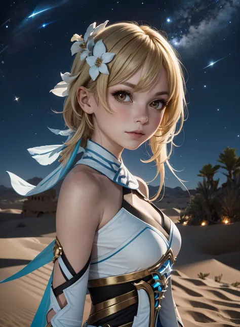 <lora:lumine1:1.0>, luminedef, blonde, <lora:lit:0.2>, bangs over the eyes, large eyes, (looking over shoulder:0.8), joyful, upper body, stars, slim figure, desert, shiny sand, evening