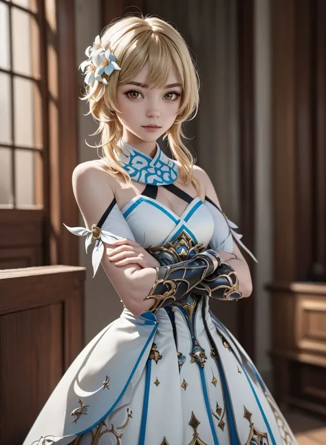 ultra-realistic, best quality, intricate details, masterpiece, slim figure,<lora:lumine1-000008:1.0>,luminedef,blonde,<lora:lit:0.35>,bangs over the eyes,large eyes,short hair,crossed arms