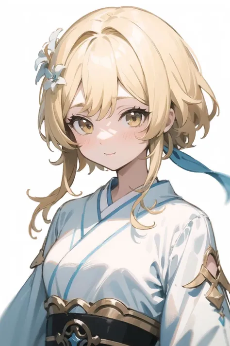 (finely best quality illustration:1.2), (kawaii girl:1.0), (1girl, solo:1.0), (short hair, blonde hair, long hair:1.0), (white kimono:1.0), (smile:0.4), (luminedef:0.9), (upper body:1.1), (white background:1.2), (ultra-detailed, highres:1.0), <lora:LumineGenshinImpact:1>,
