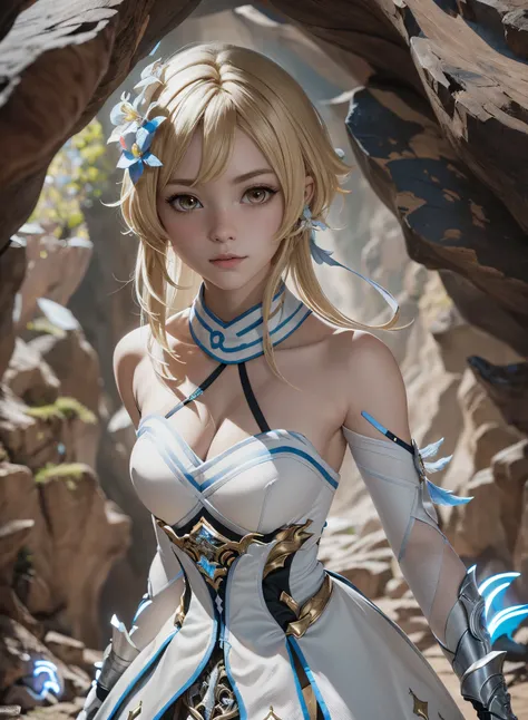 ultra-realistic, best quality, intricate details, masterpiece, slim figure,<lora:lumine1-000008:1>,luminedef,blonde,<lora:lit:0.4>,bangs over the eyes,large eyes,short hair,the luminous cave,(action-packed:1.2)