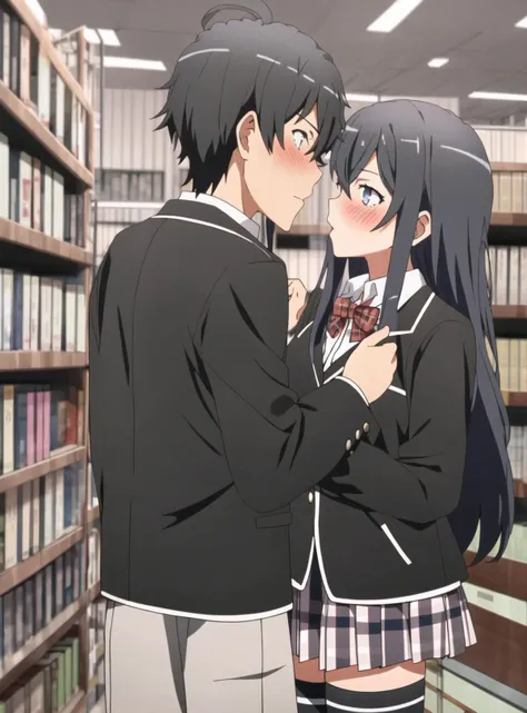 a boy and a girl, 1boy, 1girl, library, upper body, cowboy shot, (couple, kissing)
 ADDCOMM
(masterpiece:1.2), best quality, ultra-detailed, finely detailed, perfect hands, ultra-detailed hands
 ADDBASE 
 <lora:hachiman_hikigaya_v1:0.6> hachiman hikigaya, 1boy, blush, dot pupils, ahoge, grey eyes, black pants, school uniform, black jacket, open jacket, white shirt, belt
 ADDCOL 
 <lora:yukino_yukinoshita_v1:0.6> yukino yukinoshita, 1girl, blush, blue eyes, hair ribbon, school uniform, black jacket, plaid skirt, thighhighs