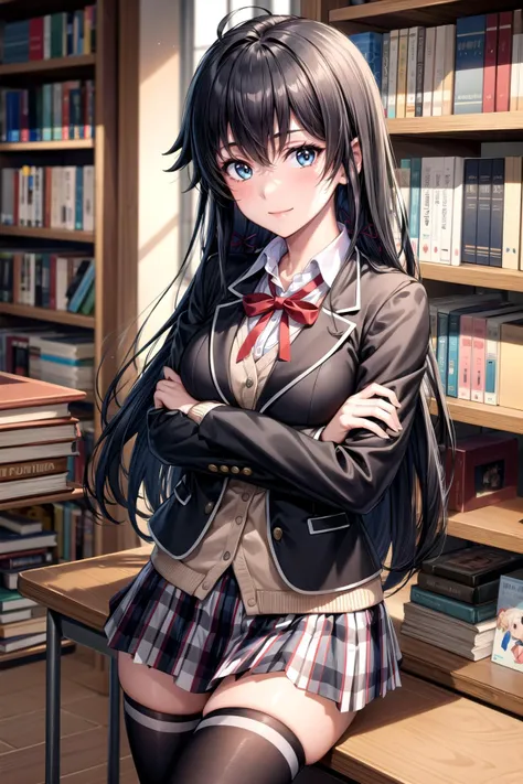 (masterpiece, best quality, detailed), 1girl, solo, yukino yukinoshita, long hair, hair ribbon, looking at viewer,
school uniform, black jacket, plaid skirt, thighhighs, indoors, library, bookshelf, book, book stack, crossed arms, breast hold, arms under breasts, light smile