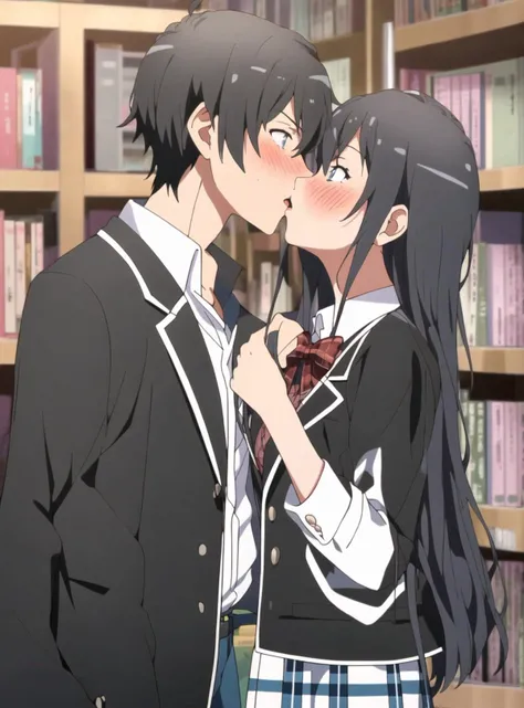 a boy and a girl, 1boy, 1girl, library, upper body, cowboy shot, (couple, kissing)
ADDCOMM
(masterpiece:1.2), best quality, ultra-detailed, finely detailed, perfect hands, ultra-detailed hands
ADDBASE
<lora:hachiman_hikigaya_v1:0.6> hachiman hikigaya, 1boy, blush, dot pupils, ahoge, grey eyes, black pants, school uniform, black jacket, open jacket, white shirt, belt
ADDCOL
<lora:yukino_yukinoshita_v1:0.6> yukino yukinoshita, 1girl, blush, blue eyes, hair ribbon, school uniform, black jacket, plaid skirt, thighhighs