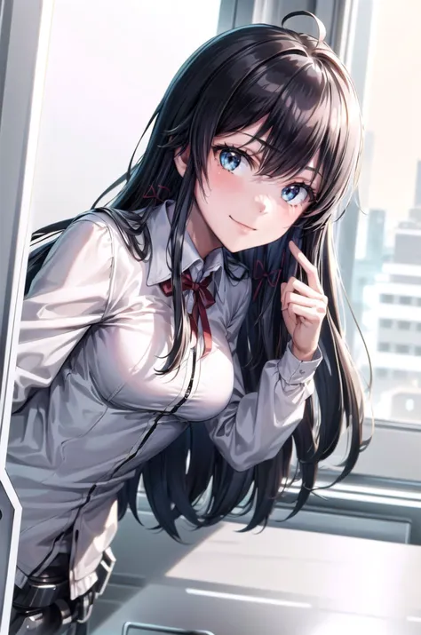 (masterpiece, best quality, detailed), 1girl, solo, yukino yukinoshita, long hair, hair ribbon, looking at viewer, 
<lora:NeoFuturisticTech:1.1>, neotech, sleek, indoors, office, desk, office chair, <lora:peeking_out_upper_body_pruned:1.2>, peeking out upper body, opening door, smirk