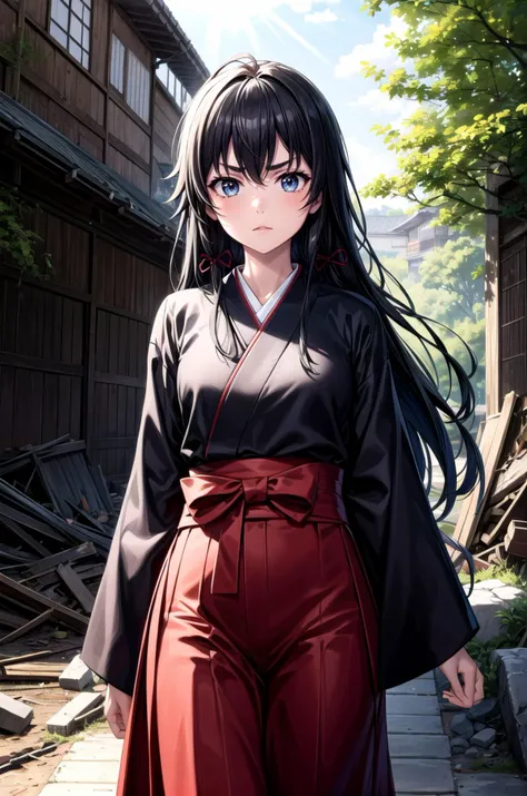 (masterpiece, best quality, detailed), 1girl, solo, yukino yukinoshita, long hair, hair ribbon, looking at viewer, 
(samurai), japanese armor, kusazuri, sode, kote, sheath, japanese clothes, hakama, ruins, overgrown, rubble, pillar, outdoors, building, light rays, fog, contrapposto, serious, v-shaped eyebrows
