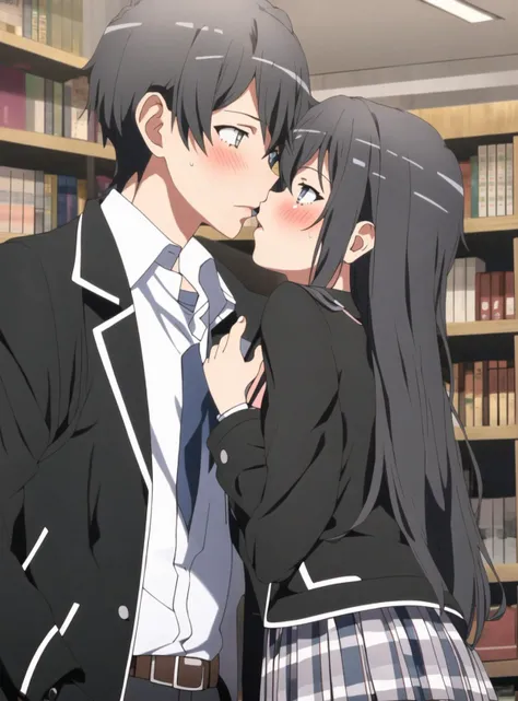 a boy and a girl, 1boy, 1girl, library, upper body, cowboy shot, (couple, kissing)
ADDCOMM
(masterpiece:1.2), best quality, ultra-detailed, finely detailed, perfect hands, ultra-detailed hands
ADDBASE
<lora:hachiman_hikigaya_v1:0.6> hachiman hikigaya, 1boy, blush, dot pupils, ahoge, grey eyes, black pants, school uniform, black jacket, open jacket, white shirt, belt
ADDCOL
<lora:yukino_yukinoshita_v1:0.6> yukino yukinoshita, 1girl, blush, blue eyes, hair ribbon, school uniform, black jacket, plaid skirt, thighhighs