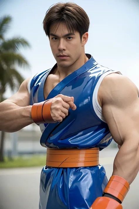 (masterpiece, best quality), 1boy,  brown hair, looking at viewer,  , huge male breasts,
 <lora:ShinkiroStyle:0.4> shinkiro style,   t, white shiny latex    narrow waist, v-shaped eyebrows,   , crotch bulge,  detailed eyes, belt
}
bulgej8 <lora:bulgeJ8_concept_V1:1> <lora:GuyFinalFight-DocStasis:1>orange dougi, ffguy,