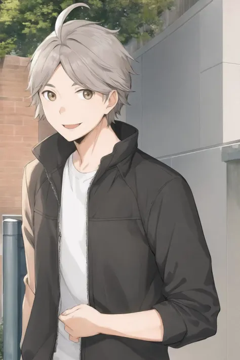 masterpiece, best quality, <lora:sugawara:0.8>, grey hair, brown eyes, ahoge, open black jacket, upper body, town, outdoors, smiling, looking at viewer, smiling
