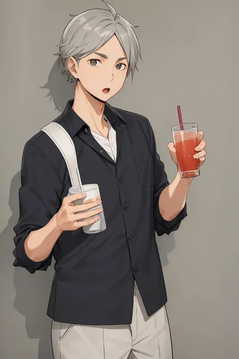 masterpiece, best quality, <lora:sugawara:0.8>, grey hair, white collared shirt, short sleeves, belt, pants, bag, holding drink, upper body, open mouth, looking at viewer