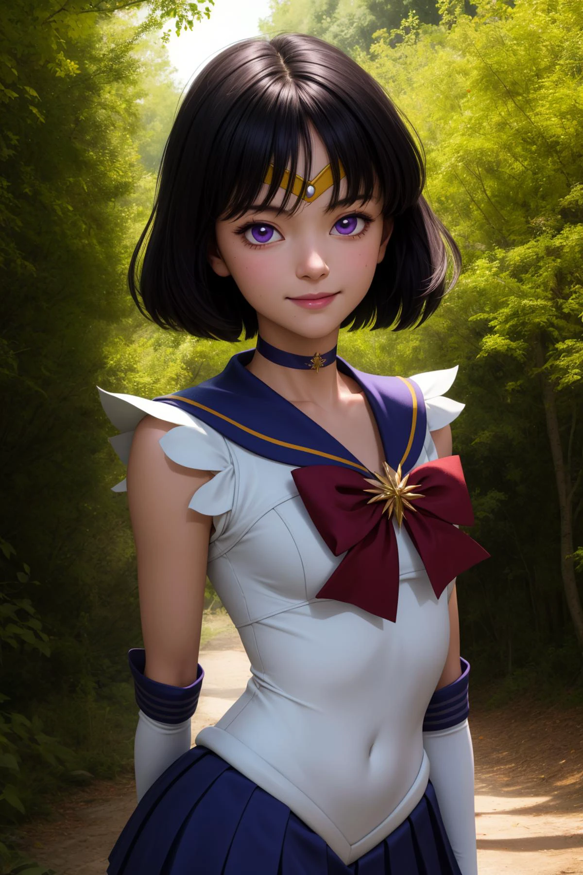 hotarutomoe, 1girl, solo, purple eyes, black hair, short hair, bangs,
sailor senshi uniform, pleated skirt, purple skirt, miniskirt, elbow gloves, white gloves, gold tiara, purple choker, purple sailor collar, red bow,
smile,closed mouth,cowboy shot,upper body,hands behind back,
forest,outdoor,
(insanely detailed, beautiful detailed face, masterpiece, best quality) cinematic lighting,<lora:Sailor_Saturn_v1:1>, <lora:more_details:0.3>,