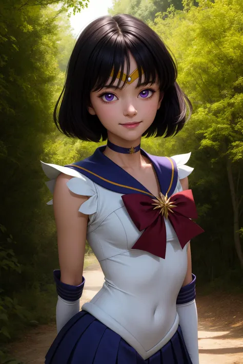 hotarutomoe, 1girl, solo, purple eyes, black hair, short hair, bangs,
sailor senshi uniform, pleated skirt, purple skirt, miniskirt, elbow gloves, white gloves, gold tiara, purple choker, purple  sailor collar, red bow,
smile,closed mouth,cowboy shot,upper body,hands behind back,
forest,outdoor,
(insanely detailed, beautiful detailed face, masterpiece, best quality) cinematic lighting,<lora:Sailor_Saturn_v1:1>, <lora:more_details:0.3>,