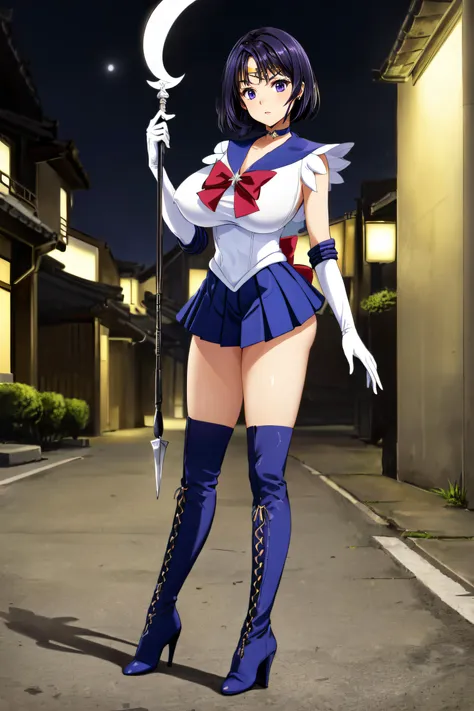 (masterpiece, best quality, ultra detailed, absurdres:1.5), 1girl, (sexy, beautiful woman, perfect face, perfect eyes, perfect female body, medium breasts:1.5), (hotarutomoe, black hair, short hair, bangs, sailor senshi uniform, pleated skirt, purple skirt, miniskirt, elbow gloves, white gloves, gold tiara, purple choker, purple  sailor collar, red bow, purple boots, purple high heel boots, holding glaive \(polearm\),  <lora:Sailor_Saturn_v1:1>), (full body, standing, outdoors, Japanese city in background, night sky), perfect lighting, smooth, hdr