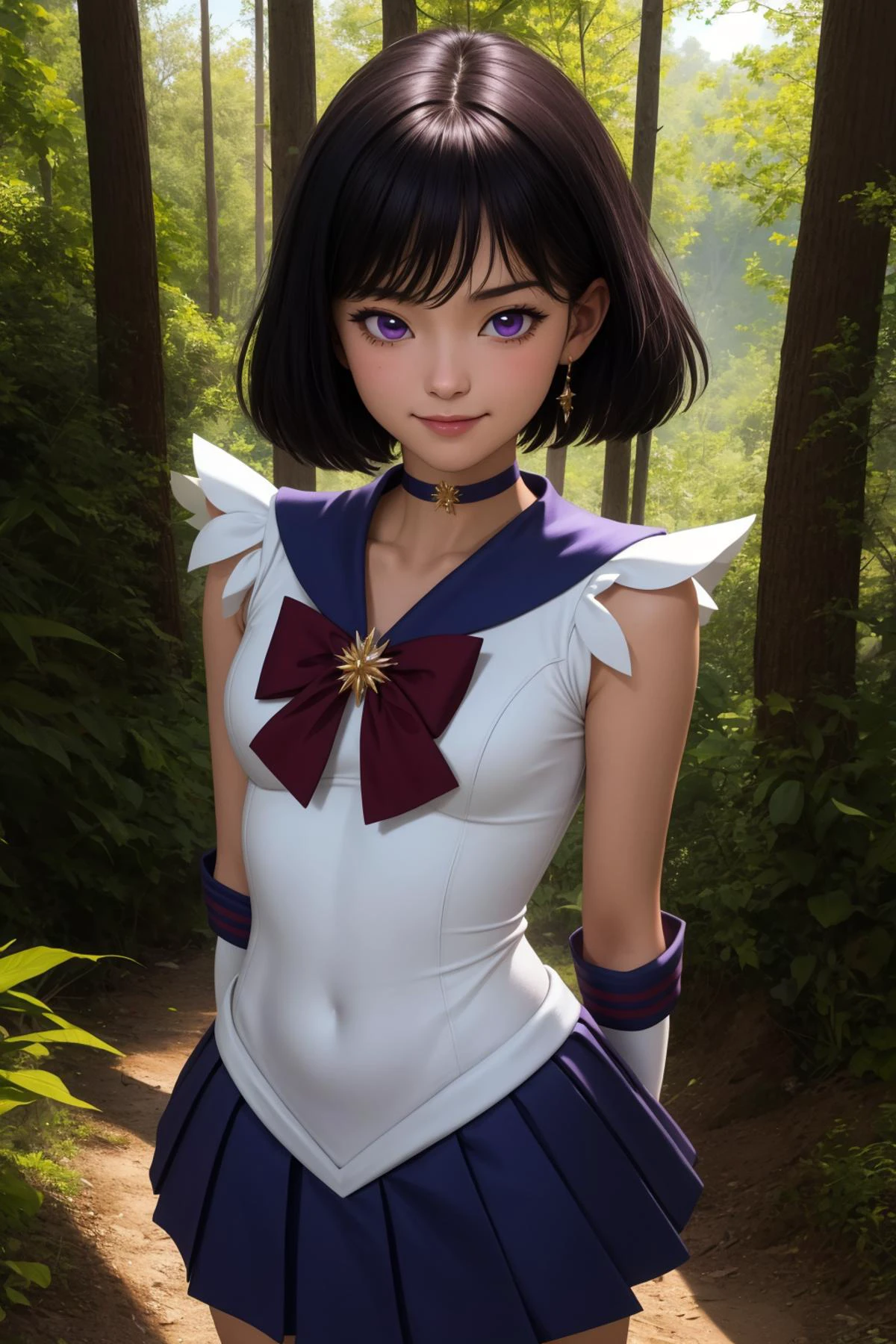 hotarutomoe, 1girl, solo, purple eyes, black hair, short hair, bangs,
sailor senshi uniform, pleated skirt, purple skirt, miniskirt, elbow gloves, white gloves, gold tiara, purple choker, purple sailor collar, red bow,
smile,closed mouth,cowboy shot,upper body,hands behind back,
forest,outdoor,
(insanely detailed, beautiful detailed face, masterpiece, best quality) cinematic lighting,<lora:Sailor_Saturn_v1:1>, <lora:more_details:0.3>,