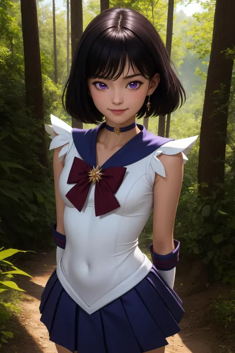 hotarutomoe, 1girl, solo, purple eyes, black hair, short hair, bangs,
sailor senshi uniform, pleated skirt, purple skirt, miniskirt, elbow gloves, white gloves, gold tiara, purple choker, purple  sailor collar, red bow,
smile,closed mouth,cowboy shot,upper body,hands behind back,
forest,outdoor,
(insanely detailed, beautiful detailed face, masterpiece, best quality) cinematic lighting,<lora:Sailor_Saturn_v1:1>, <lora:more_details:0.3>,