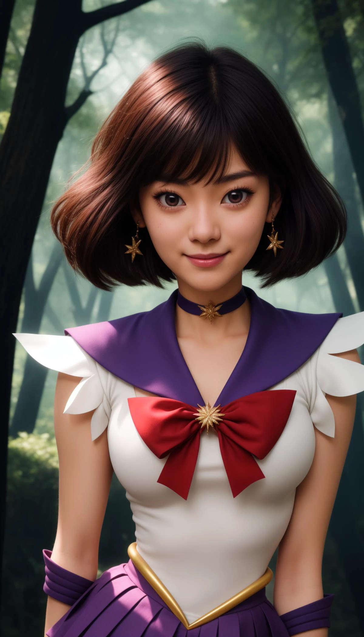 hotarutomoe, 1girl, solo, purple eyes, black hair, short hair, bangs,
sailor senshi uniform, pleated skirt, purple skirt, miniskirt, elbow gloves, white gloves, gold tiara, purple choker, purple sailor collar, red bow,
smile,closed mouth,cowboy shot,upper body,hands behind back,
forest,outdoor,
(insanely detailed, beautiful detailed face, masterpiece, best quality) cinematic lighting,<lora:Sailor_Saturn_v1:1>, <lora:more_details:0.3>,