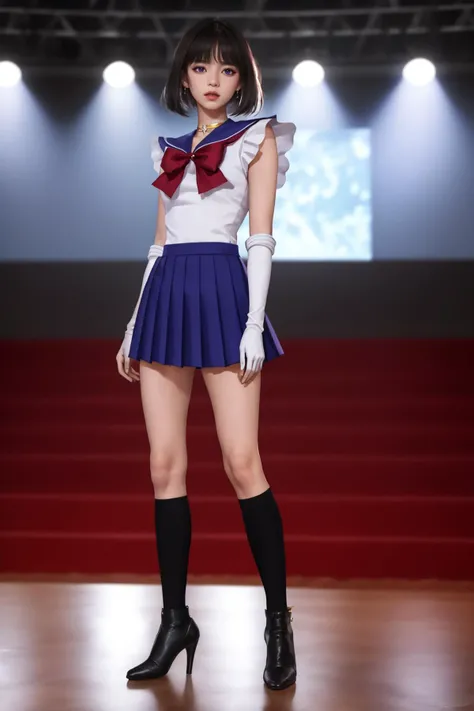 8k,highres,absurdres,masterpiece,best quality,original,extremely detailed CG,extremely detailed wallpaper,perfect lighting,<lyco:GoodHands-beta2:1>,
1girl,solo,blurry_background,looking_at_viewer,standing on the stage,
<lora:Sailor_Saturn_v1:0.7>,hotarutomoe,purple eyes,black hair,short hair,bangs,sailor senshi uniform,pleated skirt,purple skirt,miniskirt,elbow gloves,white gloves,gold tiara,purple choker,purple sailor collar,red bow,