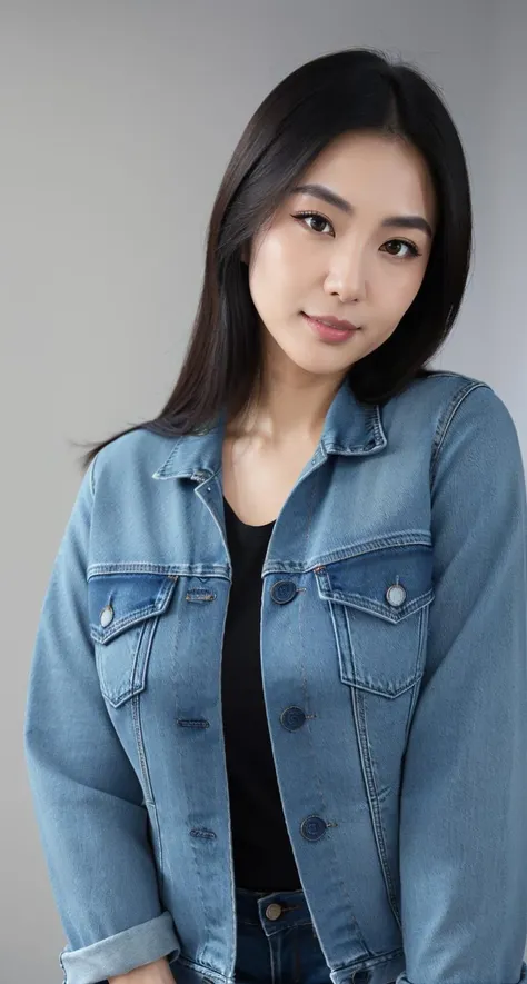 full body photo of Jan_et woman, wearing blue denim jacket, black shirt, jeans, portrait, looking at viewer, simple background,extremely detailed, intricate detail, fine detail, careful detail, up close portrait, masterpiece, best quality, ultra-detailed <lora:xChocoBars:0.6>