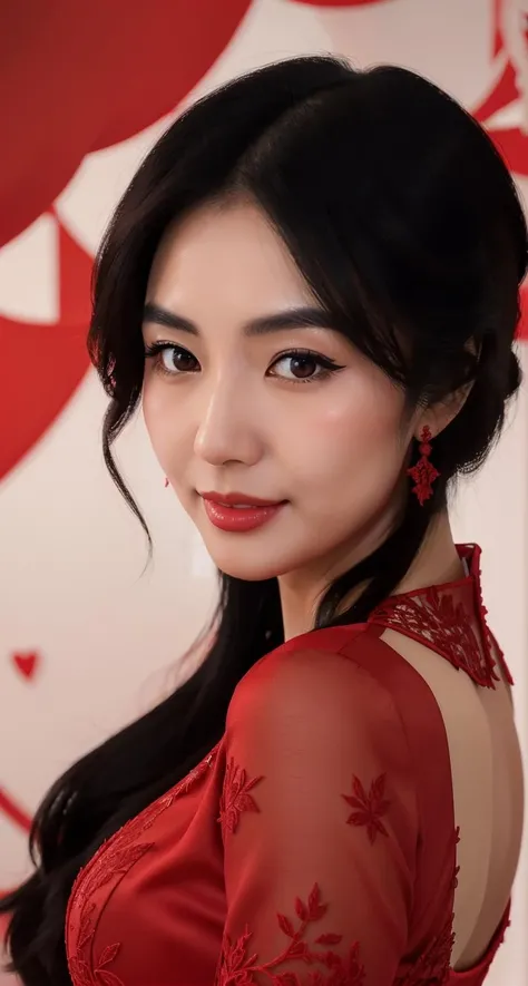 full body photo of Jan_et woman, black hair, wearing a beautiful red dress,, extremely detailed, intricate detail, fine detail, careful detail, up close portrait, masterpiece, best quality, ultra-detailed <lora:xChocoBars:0.6>