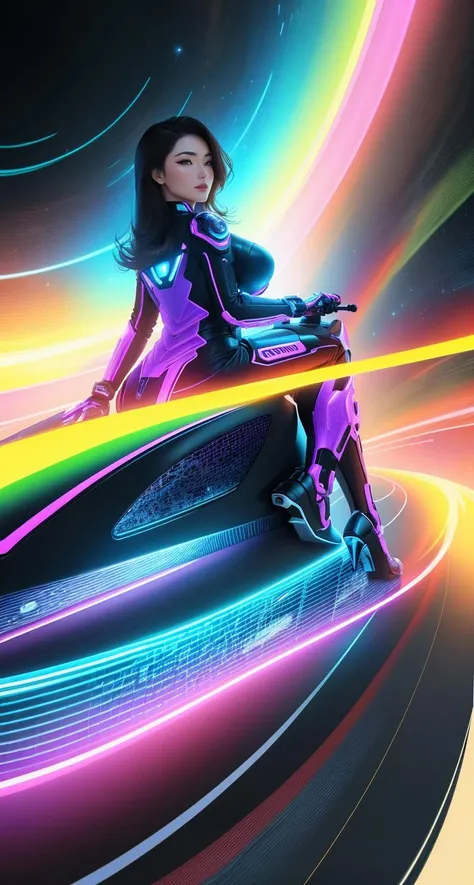full body photo of Jan_et woman, riding a futuristic motorcycle through a technicolor wormhole, traversing space and time, extremely detailed, intricate detail, fine detail, careful detail, up close portrait, masterpiece, best quality, ultra-detailed <lora:xChocoBars:0.6>