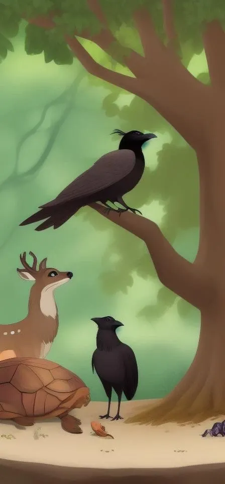 a deer, a crow, a mole and a tortoise. They would meet every afternoon under a shady banyan tree and talk for hours.