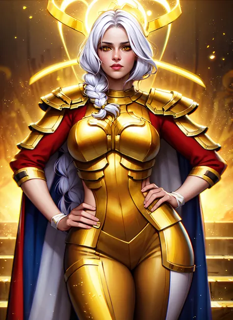 1girl, cowboy shot of beautiful paladin, hands on hips, athletic, braid, white hair, yellow eyes, glowing eyes, glowing halo, golden heavy armor, red cape, particles, dark dungeon, stairs, volumetric lighting, best quality, masterpiece, intricate details, tonemapping, sharp focus, very detailed, trending on Artstation, realistic, chromatic aberration, <lora:sxz-voyage-v1:0.8>