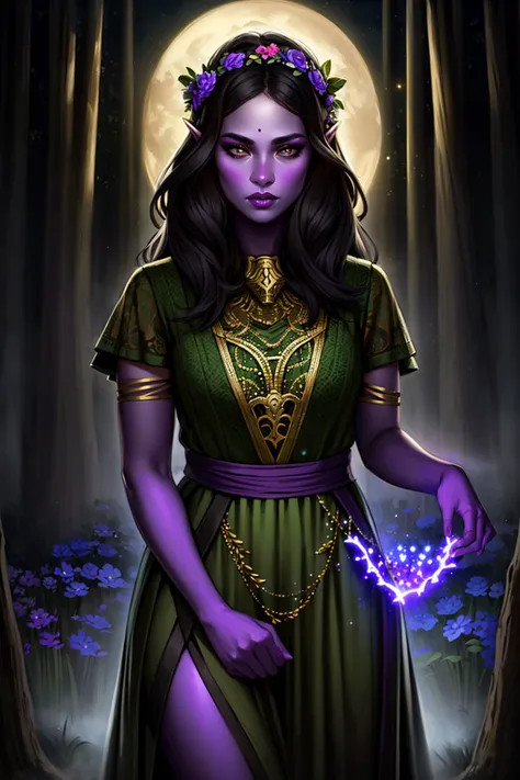1girl, cowboy shot of beautiful elf druid, athletic, colored skin, purple skin, white eyes, black hair, green dress, flower crown, dark fantasy, dark atmosphere, forest, night, moon, glowing butterflies, volumetric lighting, best quality, masterpiece, intricate details, tonemapping, sharp focus, very detailed, trending on Artstation, realistic, <lora:sxz-voyage-v1:0.7>