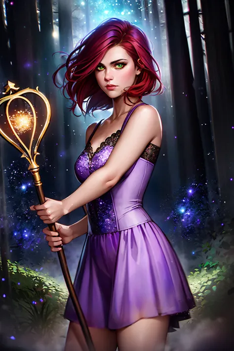 1girl, cowboy shot of beautiful warmage, purple dress, athletic, short red hair, green eyes, glowing eyes, staff, holding staff, particles, forest, stars, dark atmosphere, volumetric lighting, best quality, masterpiece, realistic, chromatic aberration, <lora:sxz-voyage-v1:0.8>