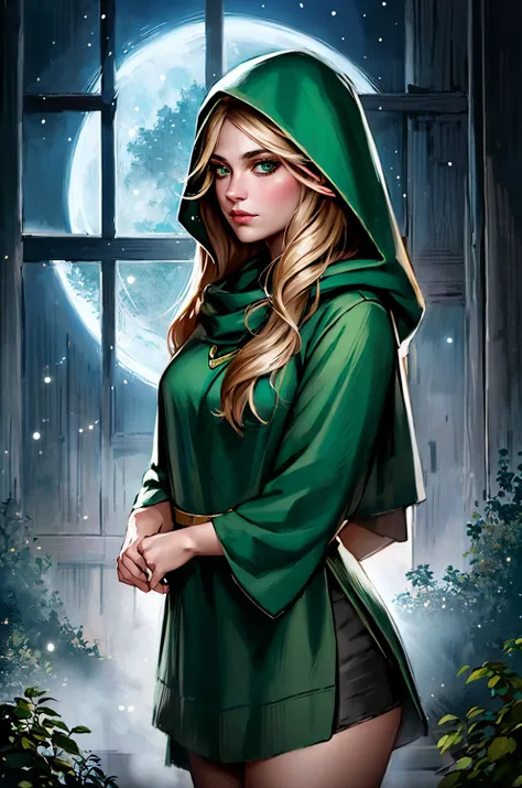 1girl, cowboy shot of beautiful elf huntress, green hood, looking at viewer, forest, moon, window, volumetric lighting, best quality, masterpiece <lora:sxz-voyage-v1:0.8>