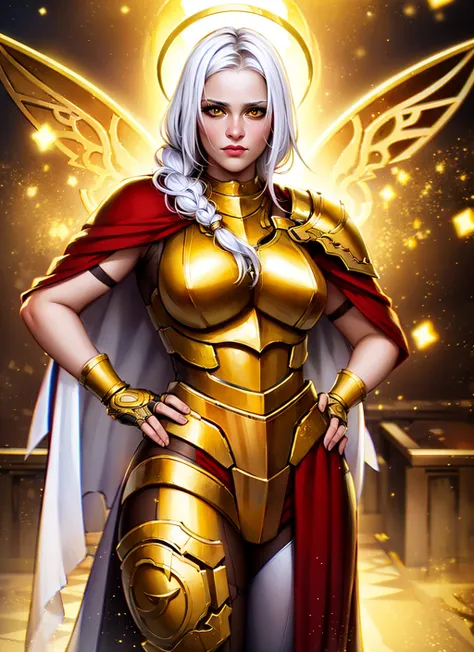 1girl, cowboy shot of beautiful paladin, hands on hips, athletic, braid, white hair, yellow eyes, glowing eyes, glowing halo, golden heavy armor, red cape, particles, dark dungeon, stairs, volumetric lighting, best quality, masterpiece, intricate details, tonemapping, sharp focus, very detailed, trending on Artstation, realistic, chromatic aberration, <lora:sxz-voyage-v1:0.8>