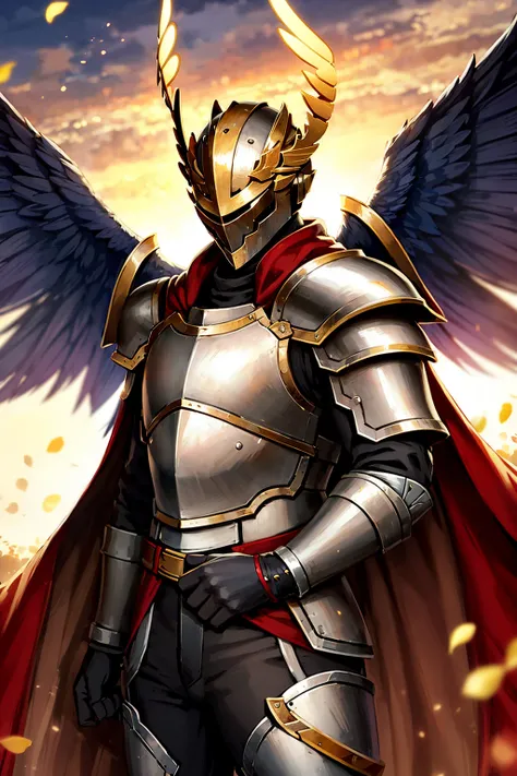 1boy, cowboy shot of paladin knight in heavy black armor, helmet, aura, angelic wings, windblown red cape, athletic, medieval town outdoors, volumetric lighting, best quality, masterpiece, <lora:sxz-voyage-v1:0.8>