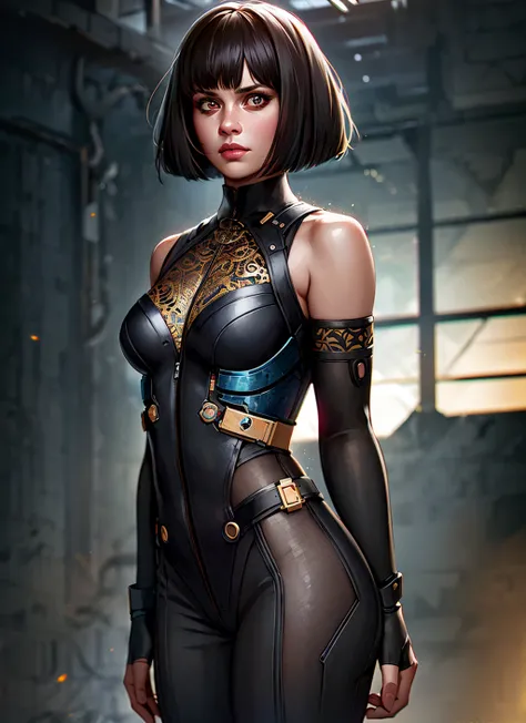 1girl, cowboy shot of cyborg, mechanical parts, detached sleeves, bob cut, volumetric lighting, best quality, masterpiece, intricate details, tonemapping, sharp focus, very detailed, trending on Artstation, chromatic aberration, <lora:sxz-voyage-v1:0.8>