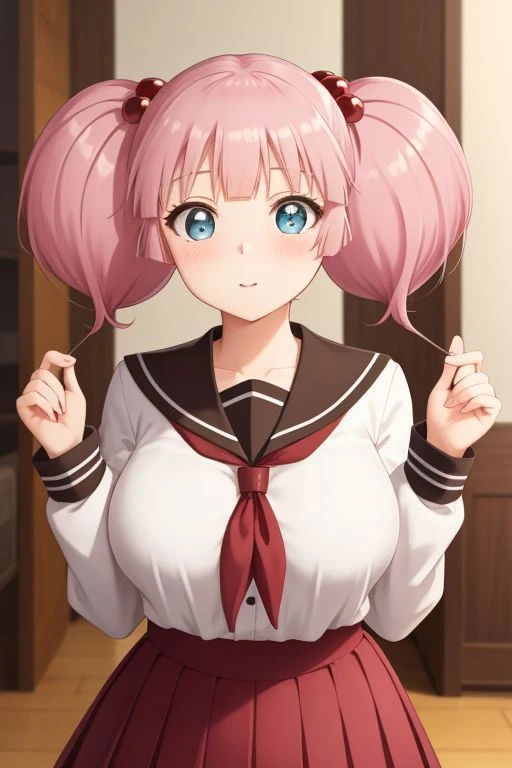 masterpiece, best quality, girl, (mature female:1.3), large breasts, serafuku, datcravat, sailor collar, long sleeves, open serafuku
pink hair, hair ornament, twintails, hair bobbles, blue eyes,
indoors,