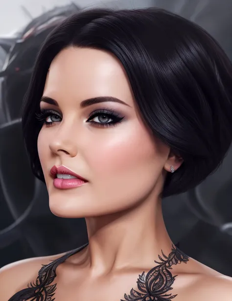 a beautiful woman, looking at viewer, perfect eyes, smokey eyes make up, in elegant dress, close up, (Artstation:1.3), (intricate:1.1), (elegant:1.1), (highly detailed:1.2), (great eye detail:0.7), (glowing eyes:0.5), (digital painting:1.2), (smooth:1.1), (sharp focus:1.2), (illustration:1.1), (3d:0.9), (3d_bacground:0.9), 8 k <lora:Jaimie_A:0.85>