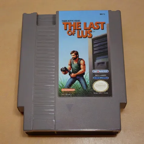 <lora:nes:1> nes video game cartridge, The Last of Us, english text, no humans, solo, parody