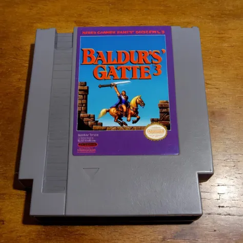 <lora:nes:1>, "Baldurs Gate 3", nes video game cartridge, fantasy, DnD, english text, no humans, solo, parody, photo, dirty table