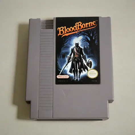 <lora:nes:1> nes video game cartridge, Bloodborne, english text, solo, parody
