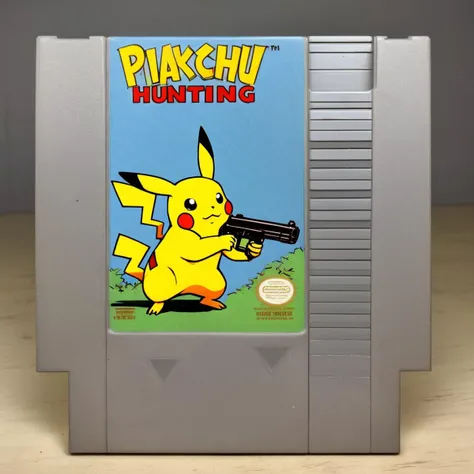 ("Pikachu Hunting":1.1), pikachu holding a (gun:1.3), english text, parody, nes video game cartridge
<lora:style.nes_sdxl_v1:.8>