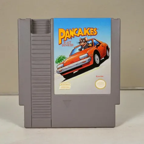<lora:nes:1> nes, game titled "Pancakes", rat driving a car, english text, parody