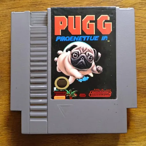 <lora:nes:1> nes, Pug, english text, no humans, solo, parody