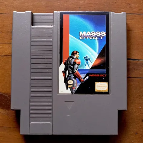 <lora:nes:1>, "Mass Effect", nes video game cartridge, Commander Shepard, english text, no humans, solo, parody, photo