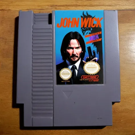 <lora:nes:1>, "John Wick", nes video game cartridge, Keanu Reeves as John Wick, english text, no humans, solo, parody, photo