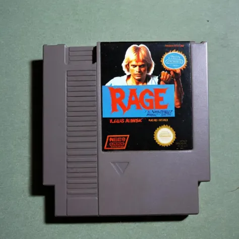 <lora:nes:1>, "Klaus Kinski's RAGE", nes video game cartridge, Klaus Kinski, english text, no humans, solo, parody, photo