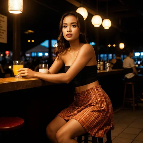 <lora:Wolvie_putr1c1ntra_v1.2:1> putr1c1ntra, beautiful girl, strapless shirt, long flowing skirt, sitting on a bar stool, drinking from a glass in a well-lit bar, dynamic lighting, photorealistic, 8k uhd natural lighting, raw, rich, intricate details, key visual, atmospheric lighting, 35mm photograph, film, bokeh, professional, 4k, highly detailed,