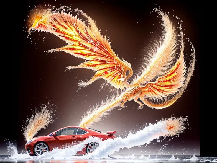 <hypernet:waterElemental_10:0.8>, water elemental elegant car on the ice lake,  (fire particles in a form of  giant dragon wings), (fire:1.2), fiery splashes, flame bursts, flame petals,  trending on art station