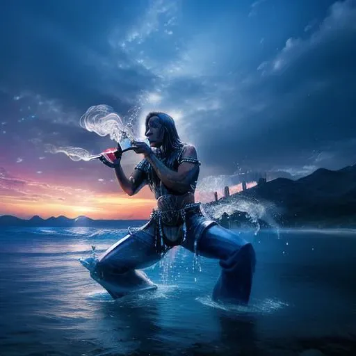 a water elemental smoking a pipe, outside a fantasy rpg village, realistic <hypernet:waterElemental_10:.7>