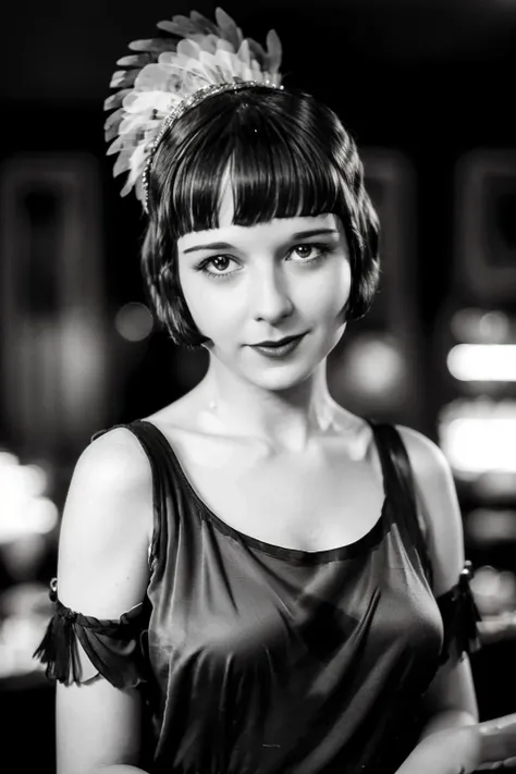 woman posing for a photo, (wearing flapper_dress:1.3), smile,
good hand,4k, high-res, masterpiece, best quality, head:1.3,((Hasselblad photography)), finely detailed skin, sharp focus, (cinematic lighting), collarbone, night, soft lighting, dynamic angle, [:(detailed face:1.2):0.2],(1920s bar), <lora:flapper_dress:0.2>, <lora:L0uise_3675:1> L0uise, black and white photography