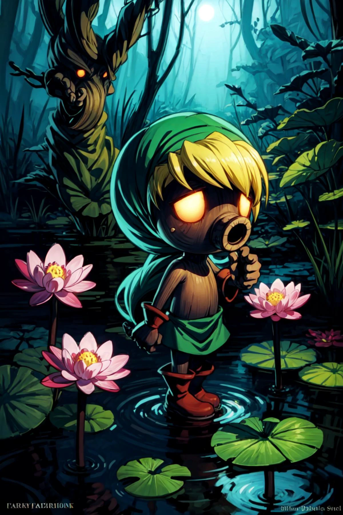 <lora:Deku_Link_Zelda:0.8>, Deku_Link_Zelda, blonde, glowing eyes, brown boots, no human, big waterlily, swamp, trees, giant mushrooms, big flowers, fairy, <lora:add_detail:0.7>,