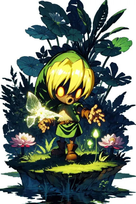 <lora:Deku_Link_Zelda:0.8>, Deku_Link_Zelda, blonde, glowing eyes, brown boots, no human, big waterlily, swamp, trees, giant mushrooms, big flowers, fairy, <lora:add_detail:0.7>, <lora:tachi-e:1> white background, full body