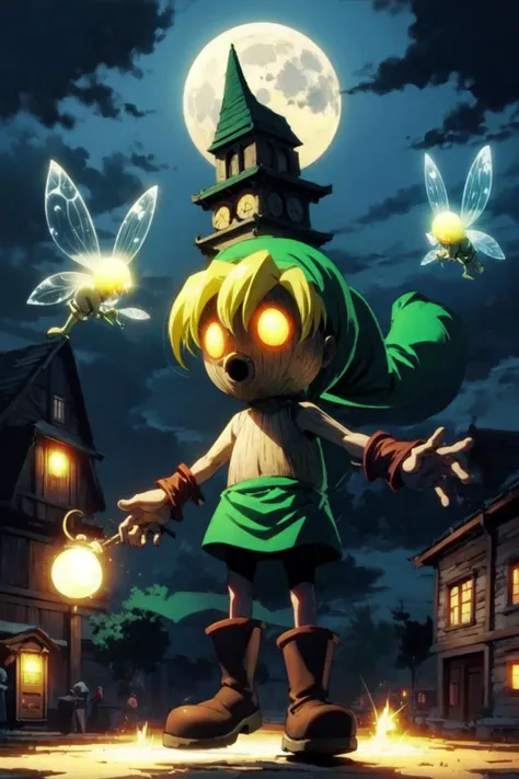 <lora:Deku_Link_Zelda:0.8>, Deku_Link_Zelda, blonde, glowing eyes, brown boots, no human, medieval town, clock tower, big moon, fairy, <lora:add_detail:0.7>,
